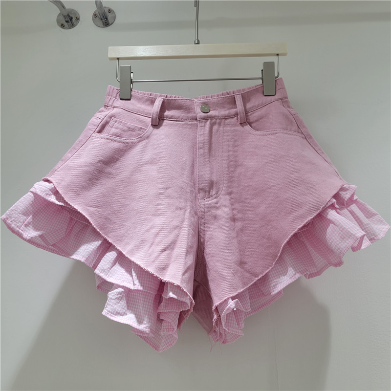 Shorts de Mezclilla con Encaje de Cuadros y Cintura Alta Corte Holgado para Verano