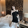 Pleated one line collar low cut off shoulder sleeve slim package hip skirt chain Sling Dress