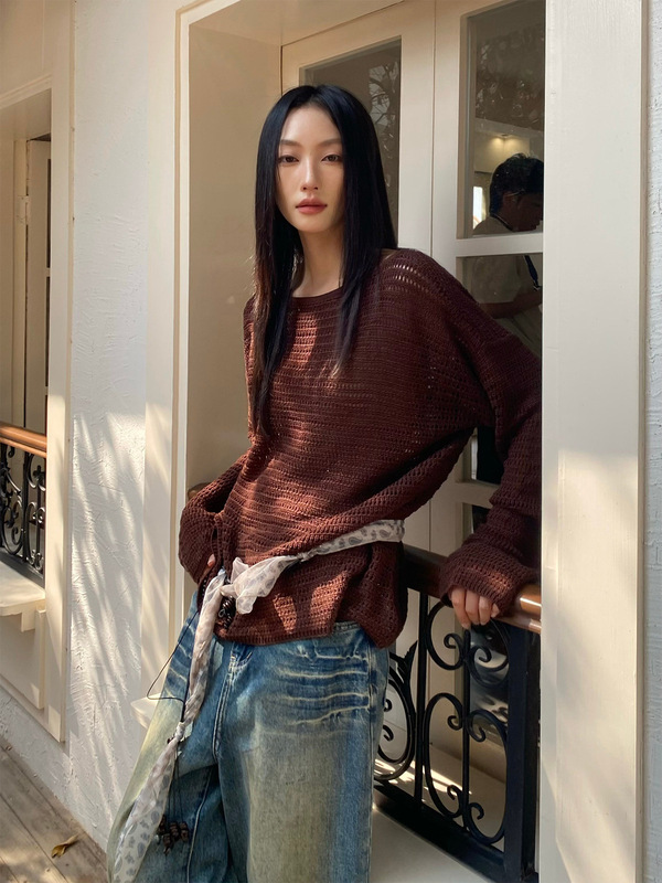 2025秋季新款慵懒风宽松天丝亚麻女式针织衫圆领镂空毛衫女W1098|undefined