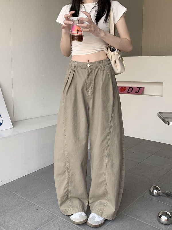 西蒙莱纳小个子卡其色弯刀牛仔裤女夏季新款宽松松弛感阔腿裤休|undefined