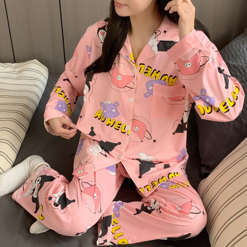 El comercio exterior de primavera y otoño pijamas algodón para las mujeres ins lindo dibujos animados solapa cardigan suelta delgada vestir prendas exteriores homewear