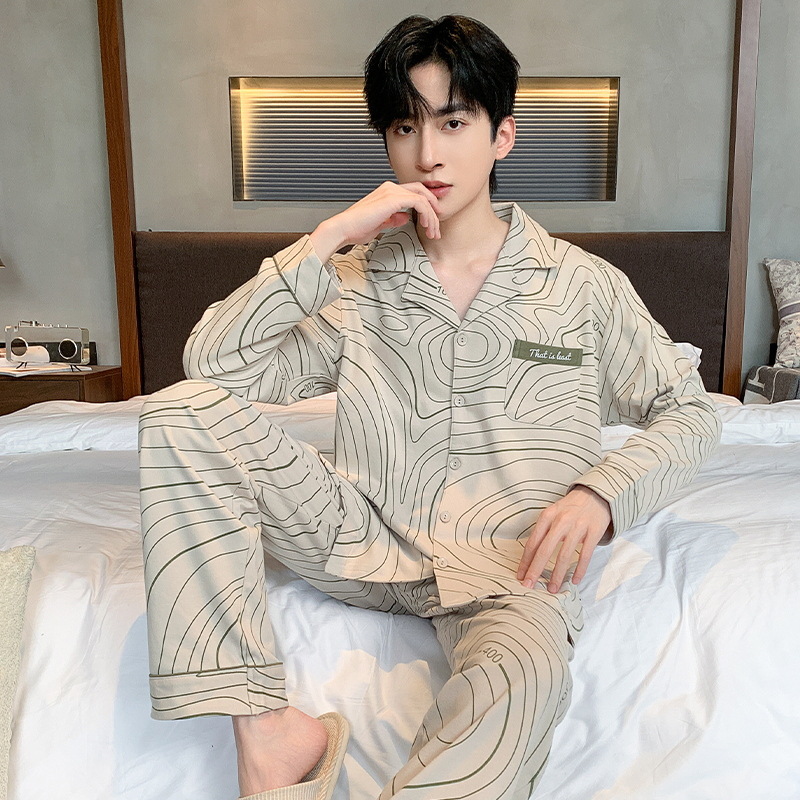 Pijama de primavera y otoño para hombres, camiseta de mangas largas, pantalones largos de tamaño grande que se pueden usar con ropa casera juvenil.
