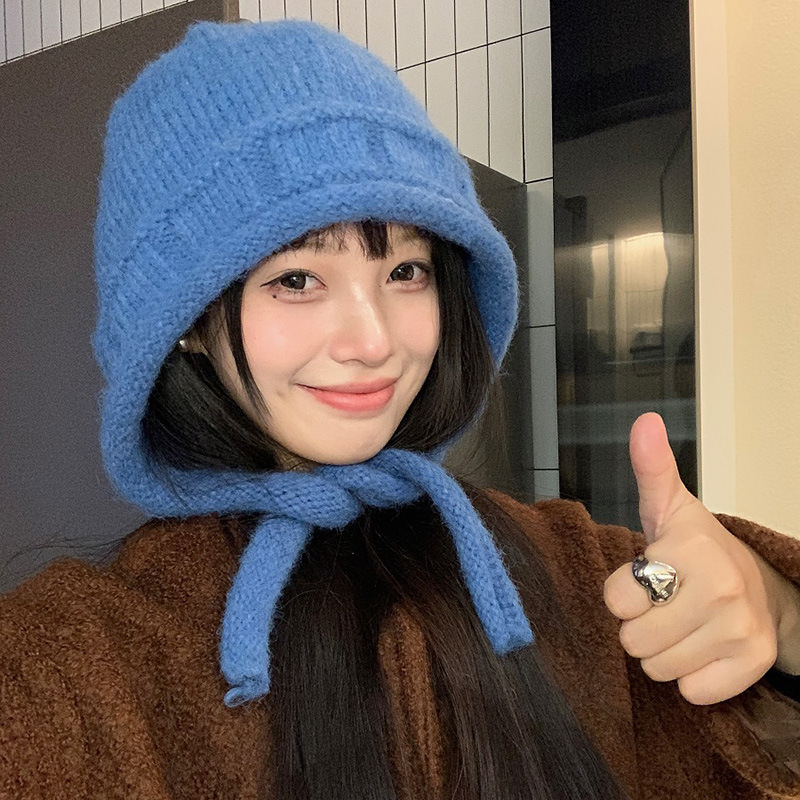 蓝色绑带针织包头帽女秋冬出游毛绒毛线帽显脸小户外保暖韩系帽子|undefined