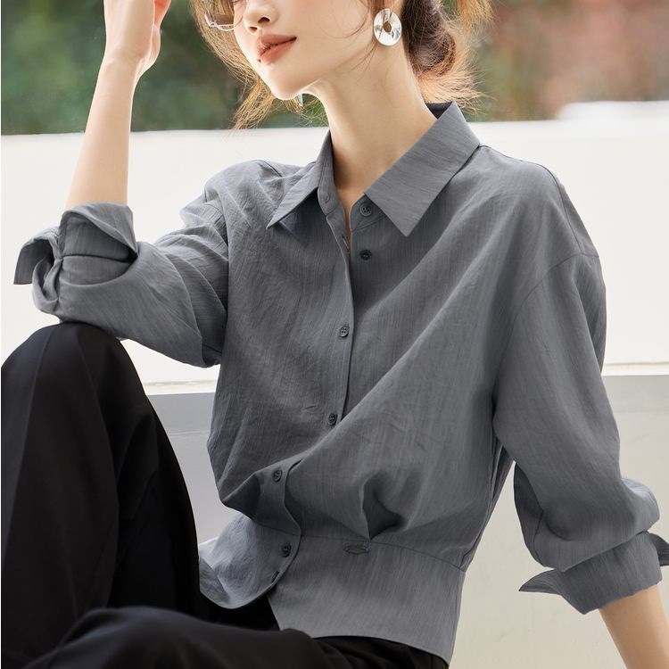 法式气质女士衬衫上衣2025秋季通勤小衫收腰显瘦衬衣蓝灰色|undefined