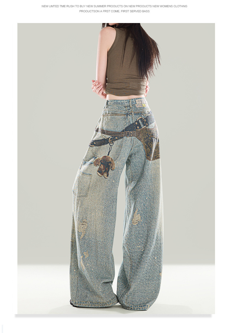 Men's Vintage Washed Print Jeans Hip-Hop Straight-Leg Loose Fit Denim Blue Breathable Polyester Blend S-3XL_mkmklike.com