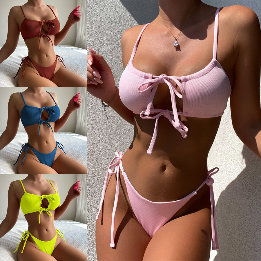 Conjunto de 2 piezas de bikini con cordones en color liso NSCSM112655