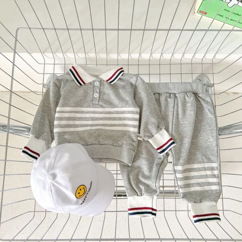 Korean Version  Spring and Summer Baby Boy Infant Set Baby Crew Neck Striped Set Stylish Outdoor Sports Set