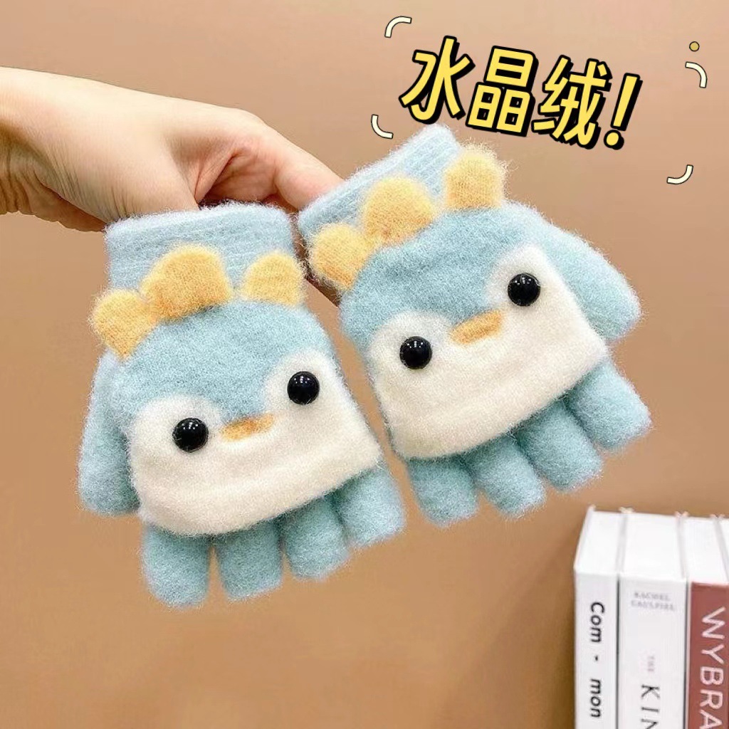 Guantes para niños otoño y invierno para bebés hembra y mujer gruesos guantes calientes para niños pequeños estudiantes de primaria escritura medio dedo flip tejer