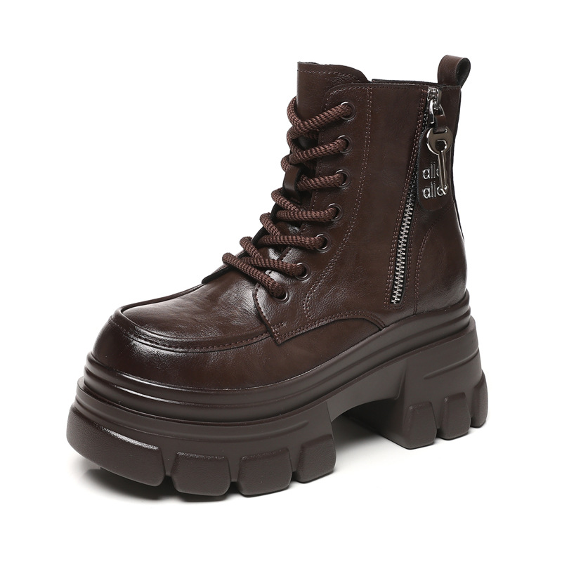 Boot nữ kiểu Anh đế dày nâng chiều cao, cổ ngắn, phong cách retro — Lớp lót nhung đen