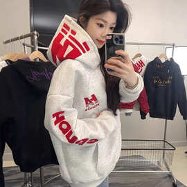 国潮hiphop美式高街字母刺绣连帽卫衣男宽松加绒情侣款外套女学生