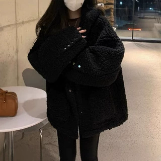 DDD颗粒绒羊羔毛外套女冬季黑色连帽宽松加厚毛毛外套