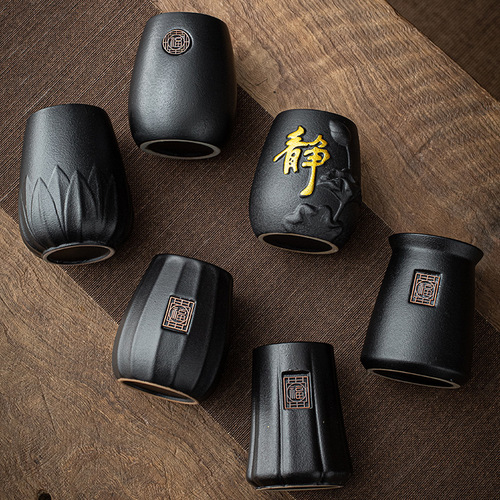 Tea set accessories for tea ceremony with six gentlemen made of ebony wood, tea tongs, tea knife, tea pot brush, tea utensils and brewing tools 