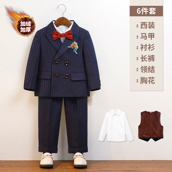 Fleece blue set, shirt, jacket, vest, trousers, bow tie lapel pin, full set, 6 pieces
