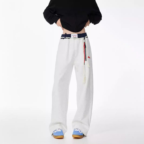 Vintage American Color Blocking Belted Athletic Pants for Men and Women Loose Wide Leg Sweatpants Hip-Hop Jazz Couple Casual Pants Trendy