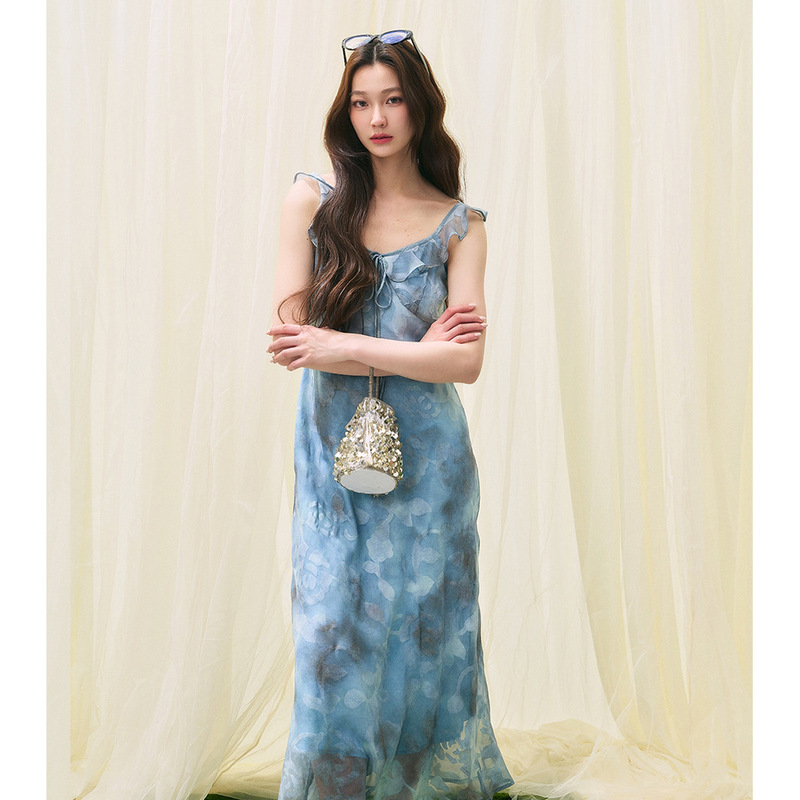 [Shengdu] 25 Summer New French Square Collar Ruffled Ink Printing Dark Pattern Long Chiffon dress