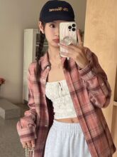 复古粉色格子衬衫女2025新款韩版气质ins宽松休闲显瘦衬衣外穿