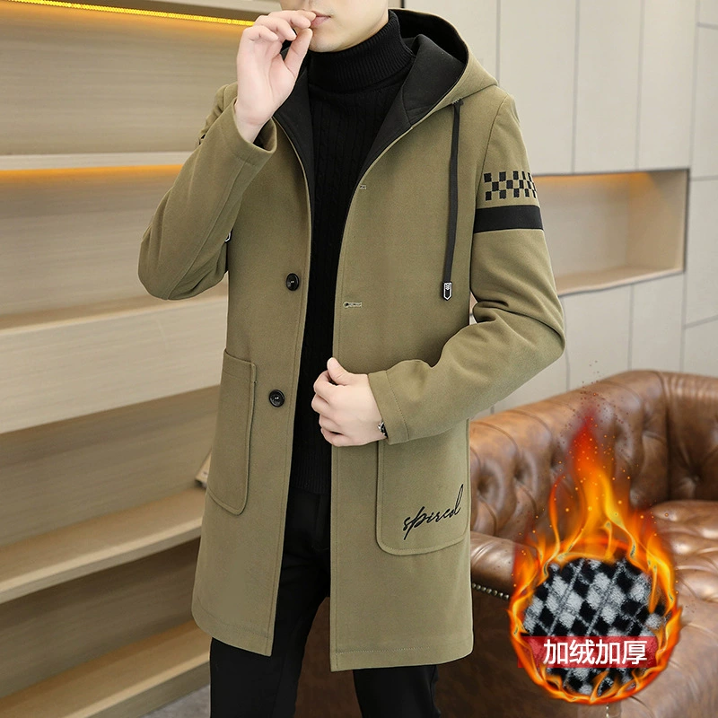 Осенне-зимнее шерстяное пальто средней длины с капюшоном на флисовой подкладке, мужское приталенное молодежное повседневное пальто-Тренч в Корейском стиле, толстый