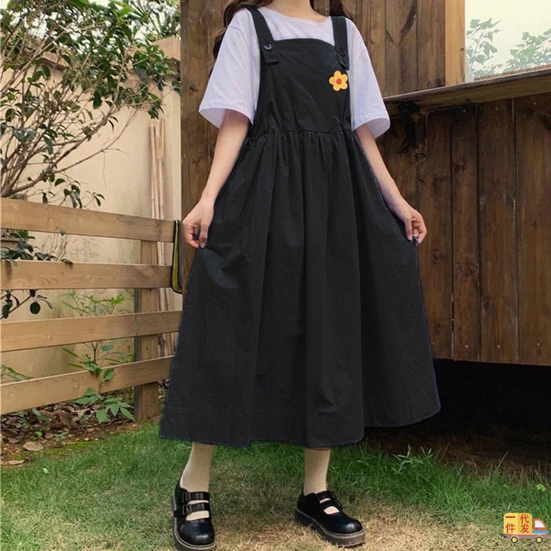 兩件套日系學院風背帶女學生韓版寬松顯瘦中長裙子單亞馬遜