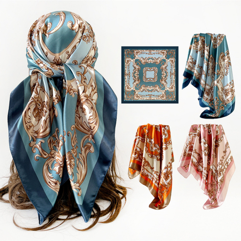 Women's Trendy Versatile Printed Silk Imitation Headscarves 90 Cm Satin Square Scarves_voghion.com