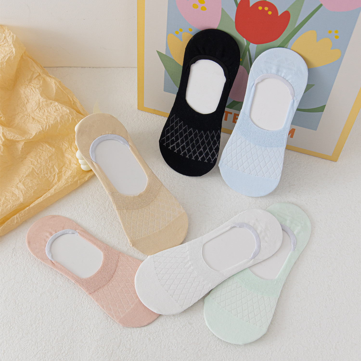 Socks Women's Boat Socks Shallow Mesh Invisible Socks Cotton Summer Silicone Non-Slip Heel ins Trendy Summer Thin Short