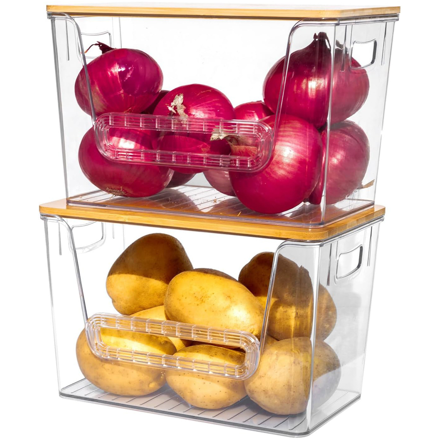 Cross-Border Transparent Refrigerator Storage Box Kitchen Food-Grade Drainable Vegetable Storage Box with Bamboo Lid Plastic Crisper