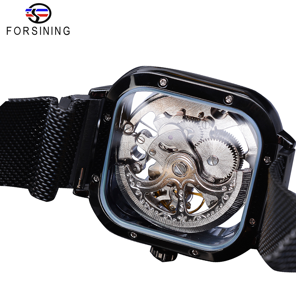 Forsing Hollow Men's Fully Automatic Mechanical Watch Square Dial Mesh Band Watch_voghion.com