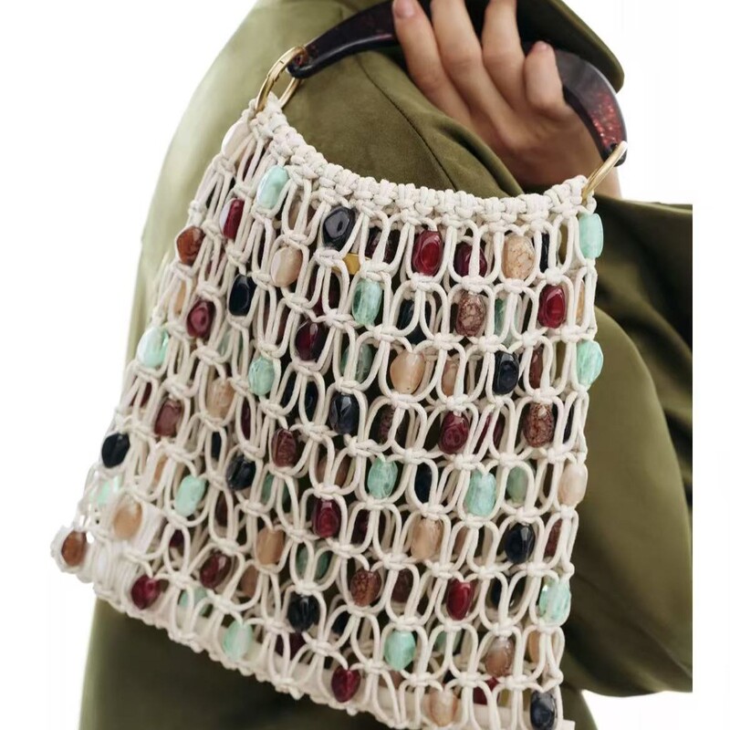 In-Stock Za Same Style New Handmade Beaded Handbag, Summer Niche Hollow-Out Mesh Beach Vacation Bag