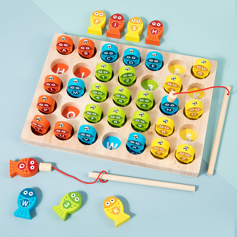 Wooden Children's Early Education Magnetic Fishing Game Alphanumeric Color Cognitive Interactive Hand-Eye Coordination Educational Toys