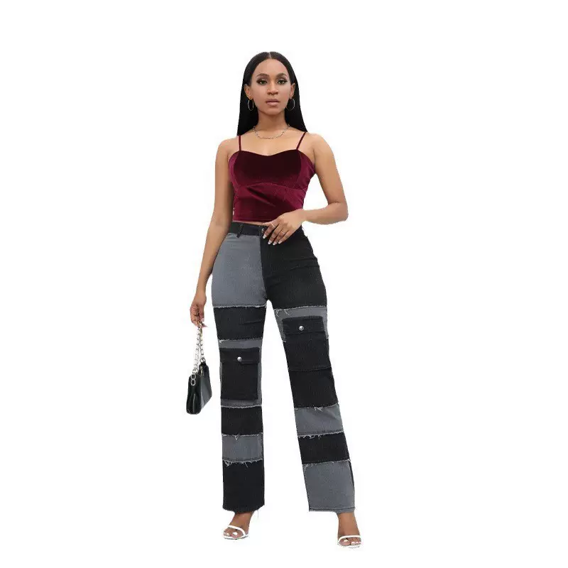 牛仔裤新款亚马逊欧美时尚优雅拼接女高腰直筒长裤2023现货