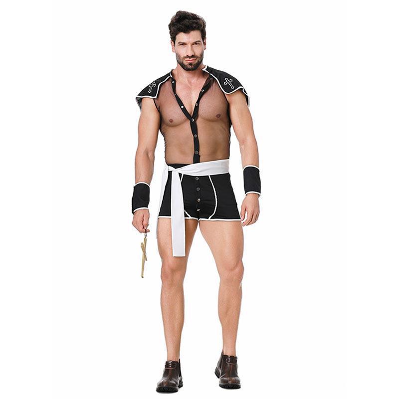New European and American style men's sexy lingerie, adult nightclub bodysuit, priest role-playing costume, in stock.