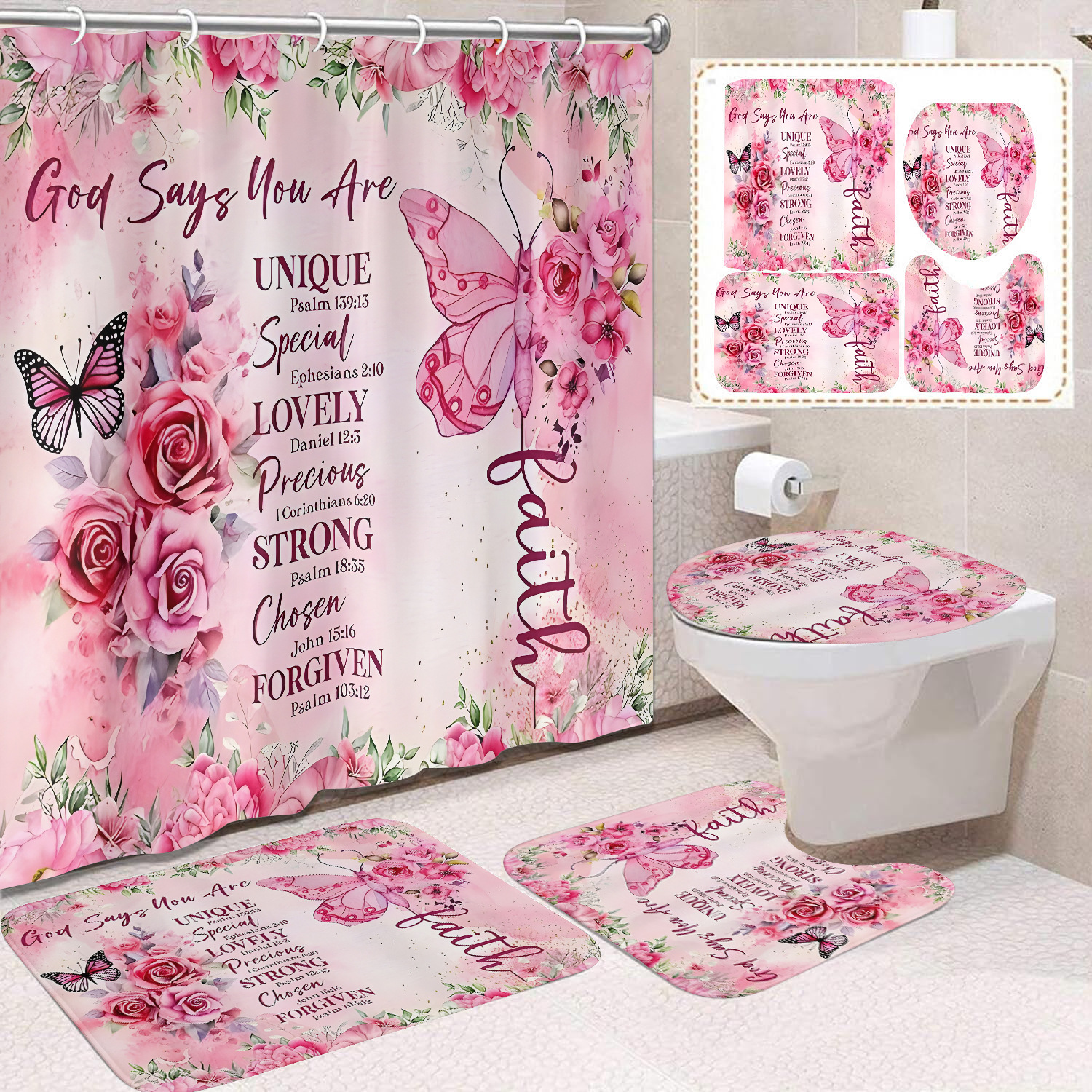 Transfronterizo Amazon cortina de ducha de color degradado cortina de baño letra patrón de mariposa cortina de ducha impermeable y a prueba de moho image 40