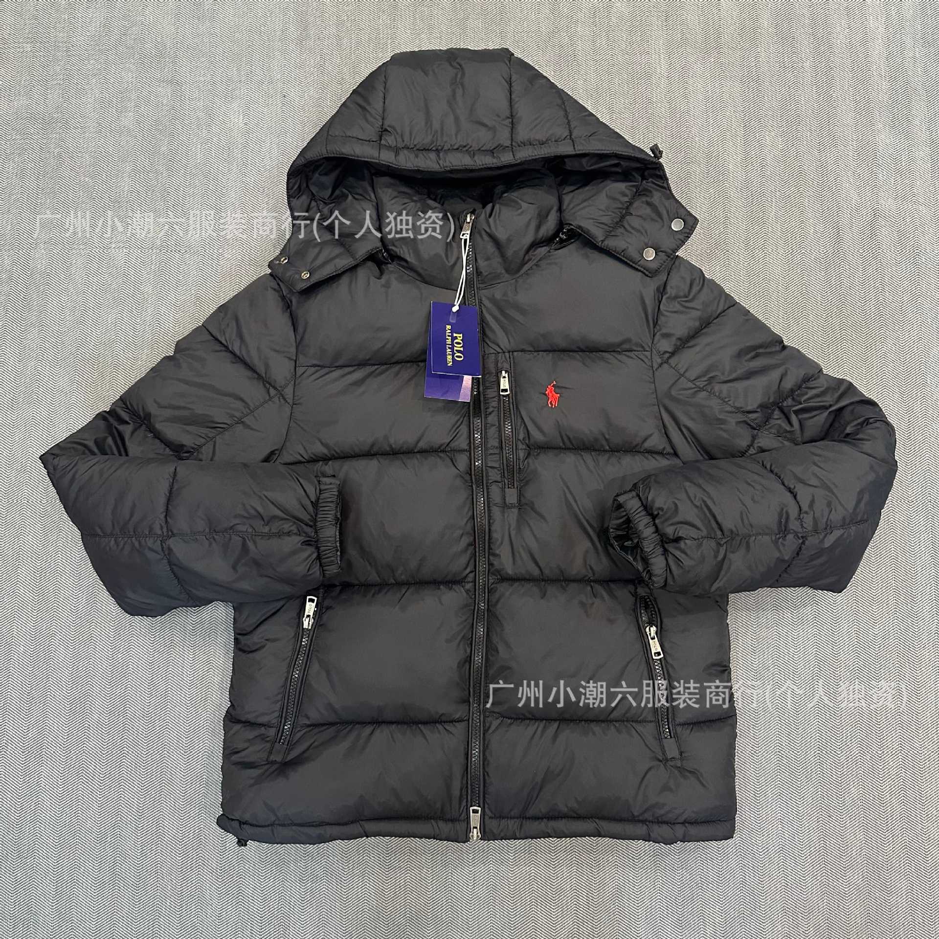 Foreign Trade RL Ruff Embroidery Men's and Women's Hooded Detachable Windproof Solid Color Zipper Pony Cotton Jacket Outdoor Puffer Jacket