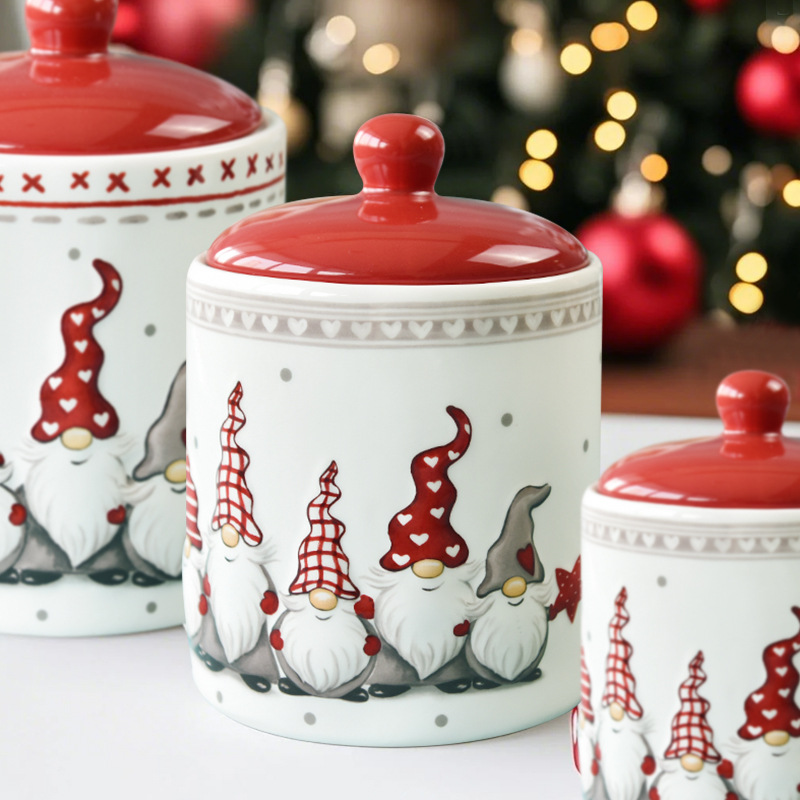Esmalte cubiertos de color mayorista y minorista Navidad cerámica redonda gran lata de almacenamiento lata de cocina lata de almacenamiento