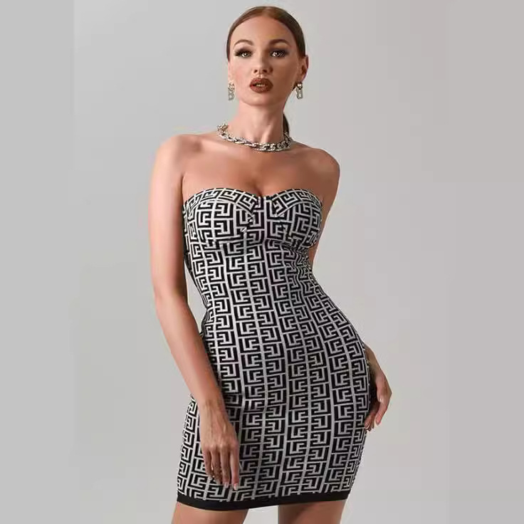 European and American Women's Sexy Strapless Jacquard Bandage Dress Banquet Tight-Fitting Hip Dress Wrap Chest Ultra-Short Dress