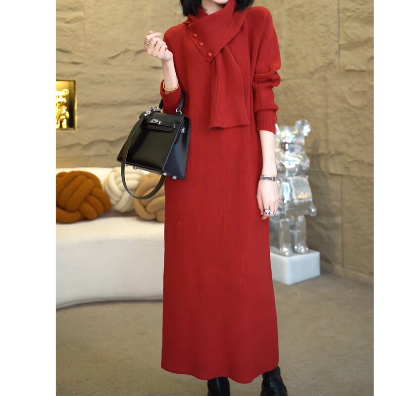 Cross-Border Korean-Style Scarf Collar French V-Neck Sweater Knit Dress for Women, Suitable for Spring and Autumn, to Wear with a Coat or as a Base Layer Long Dress