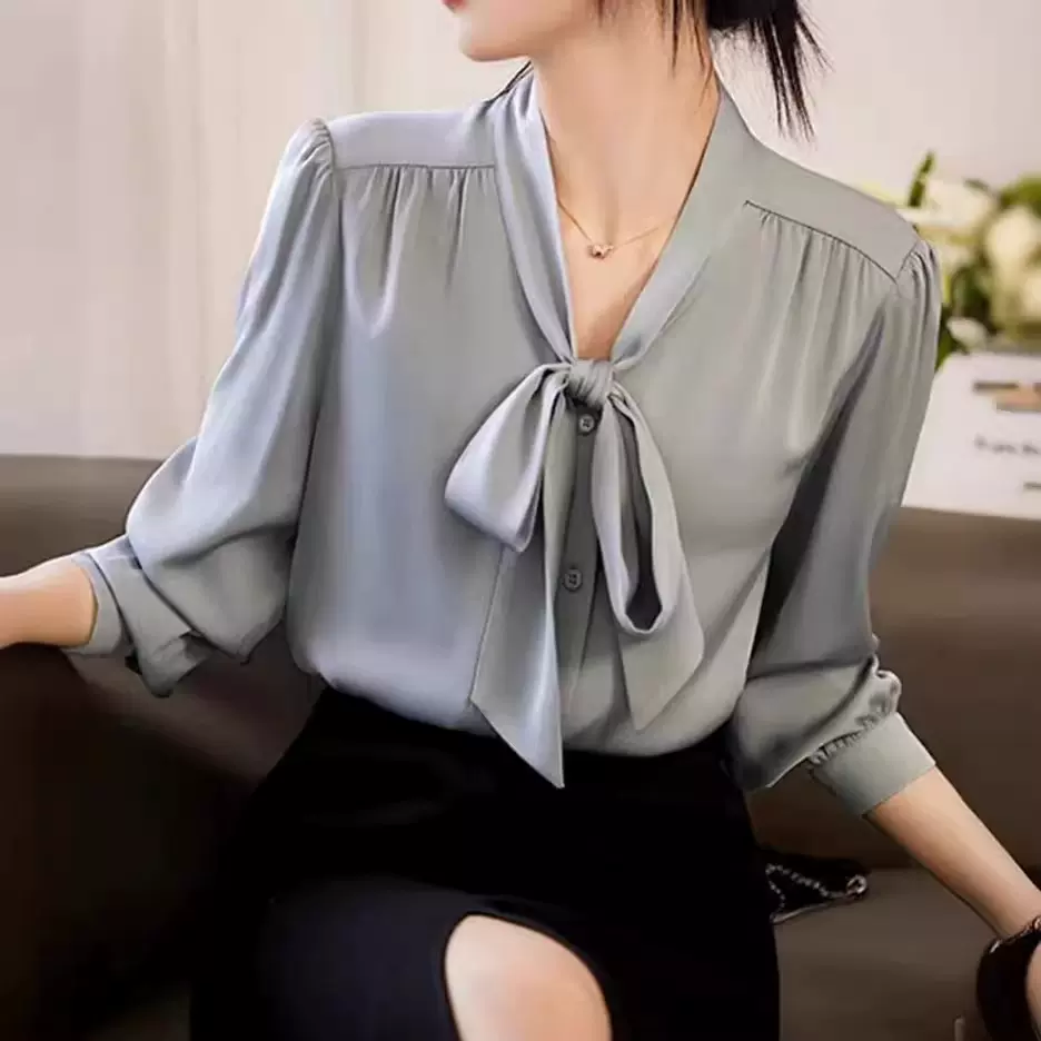 醋酸法式V领气质2025春季新款设计感飘带蝴蝶结长袖衬衫女上衣