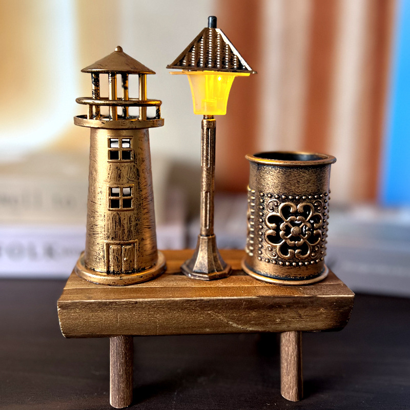 創意仿古燈塔路燈發光擺件筆筒 學生禮品白色沙漏變色小夜燈擺件