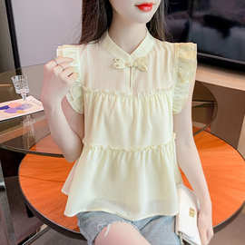 新中式国风飞飞袖衬衫女夏2024年新款盘扣设计感娃娃衫立领上衣潮