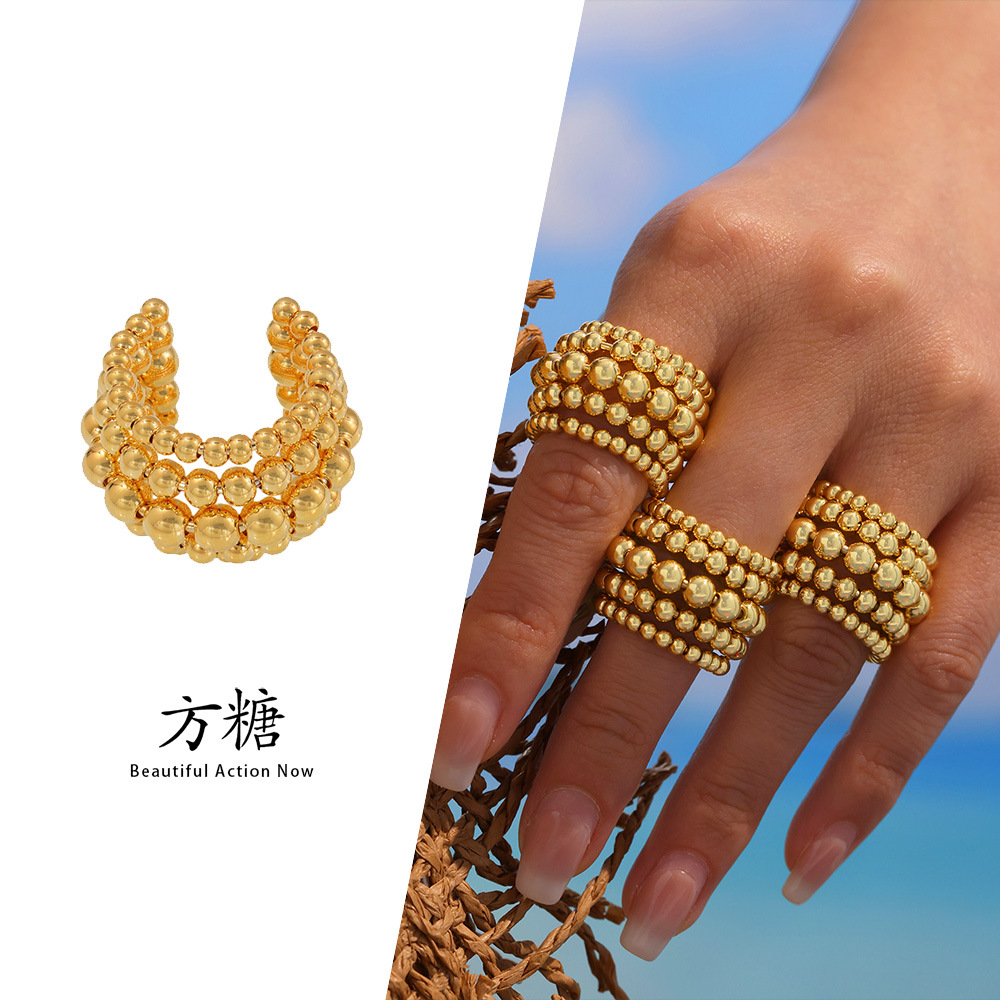 Sugar European and American Exaggerated Design Sense Multi-layer Bead Wide Edition Ring Titanium Steel Plated 18K Gold Open Heavy Industry Ring for Women