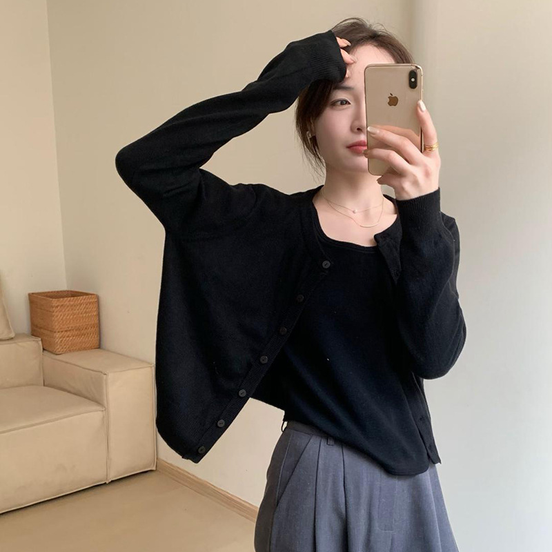 春秋季薄款小个子外搭长袖针织开衫上衣早秋chic红色毛衣短外套女|undefined