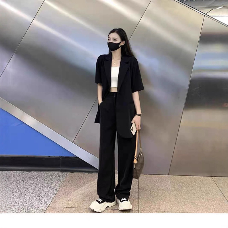 Black Ice Silk Short-Sleeved Suit Ultra-Thin Drape Casual Slimming Versatile Summer Outer Casual Suit Women's Jacket