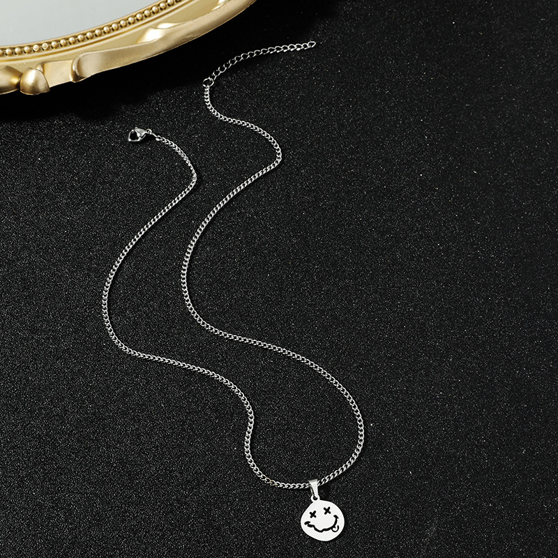 European And American Retro Round Brand Smiley Face Necklace Stainless Steel Clothing Accessories display picture 3