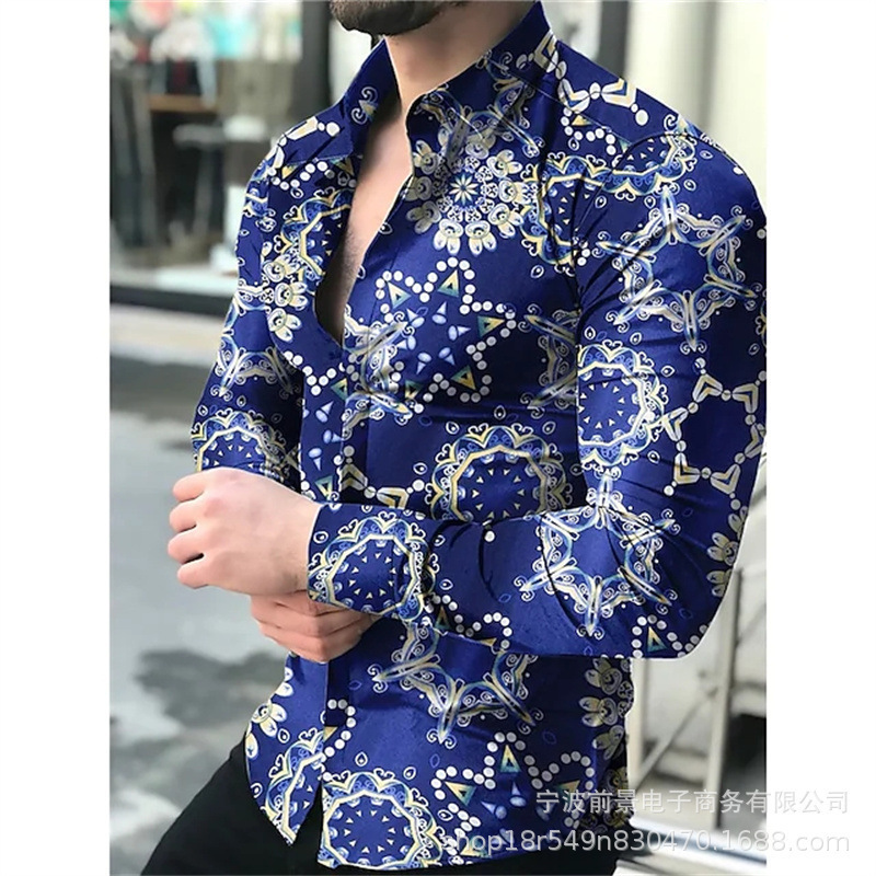 2025wish AliExpress 新しいメンズ 3D デジタルプリント長袖シャツ春メンズラペルスリムトップ|undefined