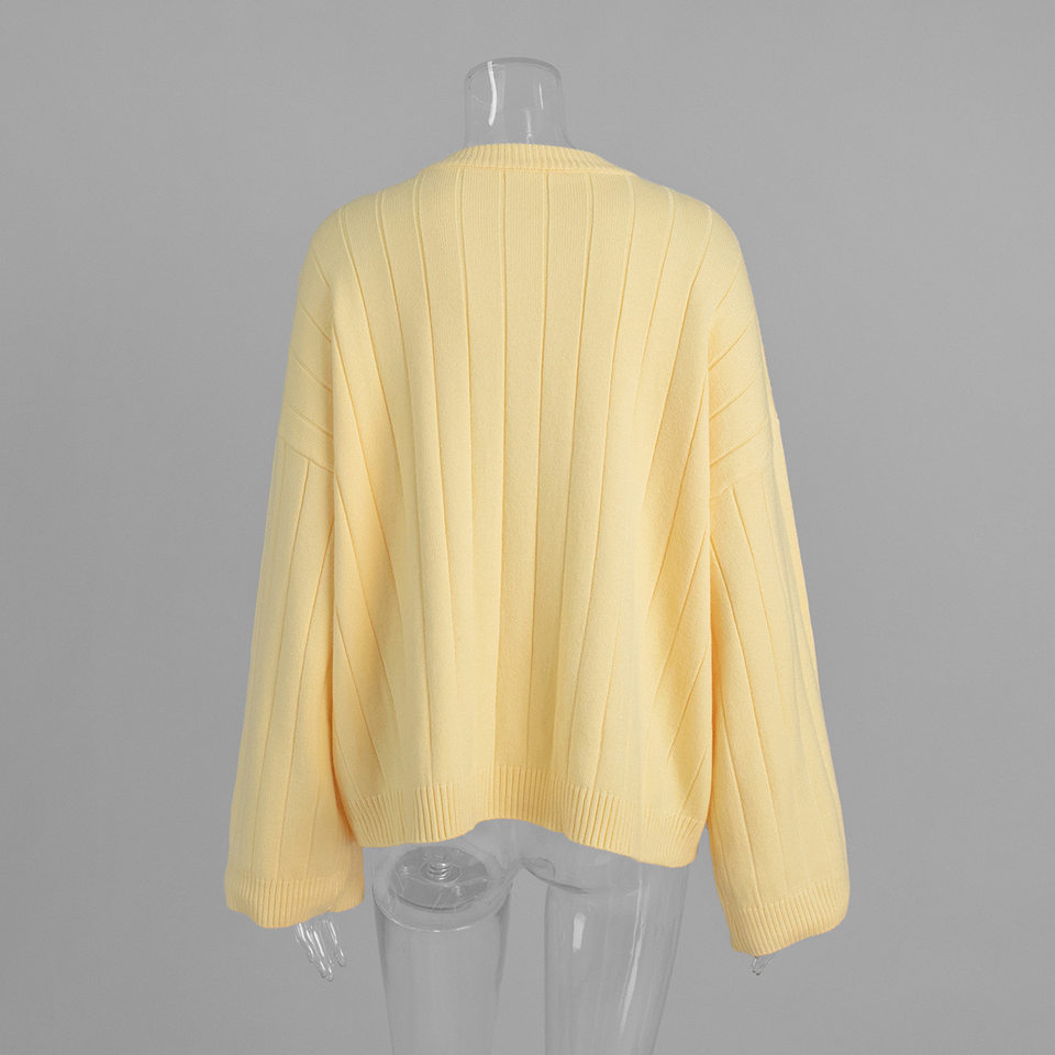 Áo cardigan len dệt kim cổ tròn dáng rộng tay dài nữ — màu vàng, màu xám nhạt chi tiết 5