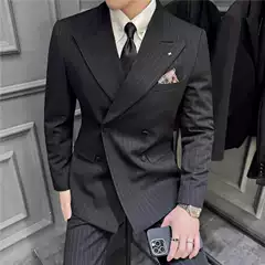 Live Broadcast New Men's Slim-fit Suit Three-piece Suit with Double-breasted Barge Collar suit Host Striped Suit
