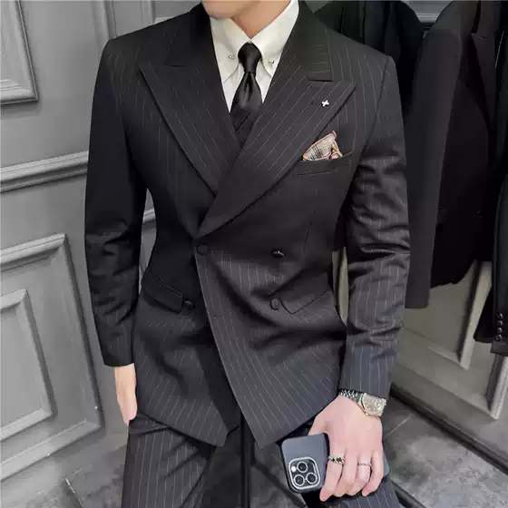 Live Broadcast New Men's Slim-fit Suit Three-piece Suit with Double-breasted Barge Collar suit Host Striped Suit