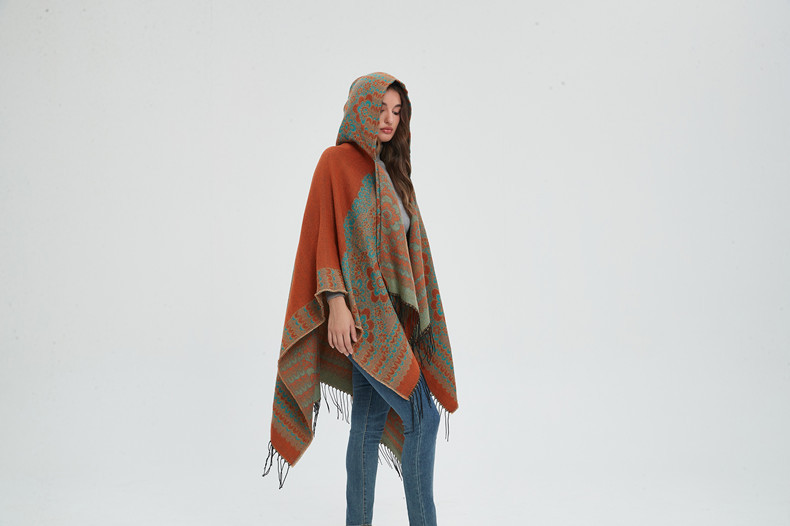 Cape à pompon unisexe Cape à capuche en jacquard de style ethnique automne-hiver_voghion.com