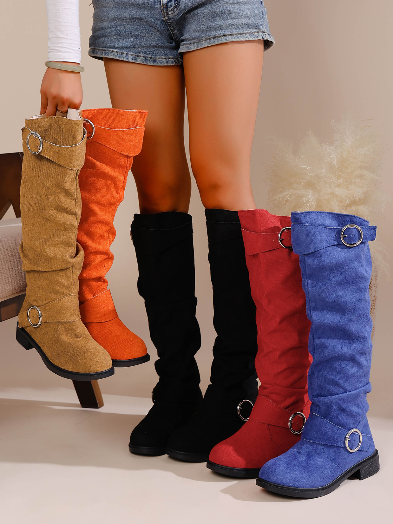 Women's High Top Pleated Belt Buckle Boots Suede Slip on Retro Riding plus Size Winter New Style_vogvips.com
