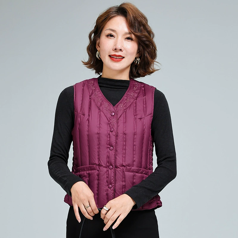 Keep warm vest with down for mother, increased thickness, with embroidery, duck down, for middle age