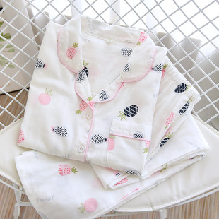 New Double-layer Cotton Yarn Home Pajamas Small Pineapple Cardigan Lapel Long Sleeve Trousers Japanese Style Simple Living Clothes Large Size